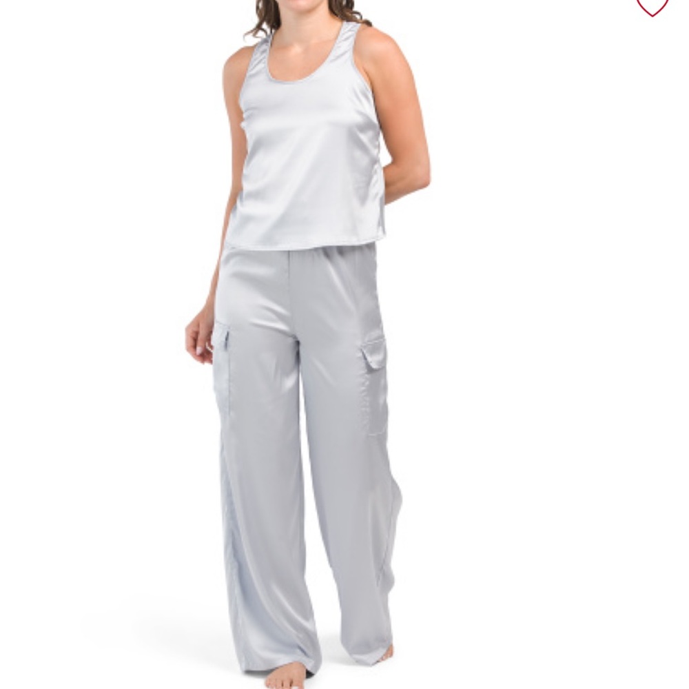 Aspen Satin Cargo Pants & Racerback Tank Top Lounge Pajama Set M